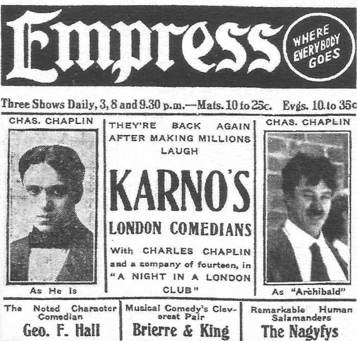 Charlie Chaplin'in Fred Karno komedi şirketiyle yaptığı ABD turunun afişi, 1913.