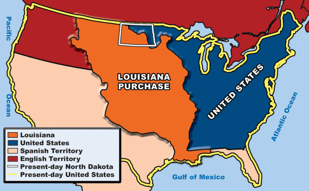Bölgenin 1803 yılında Fransa'dan satın alınmasının ardından, Amerika Birleşik Devletleri iki katı büyüklüğüne ulaşmıştır. Günümüz Kuzey Dakota'sının büyük bölümü Louisiana Bölgesi'nin bir parçasıydı.
