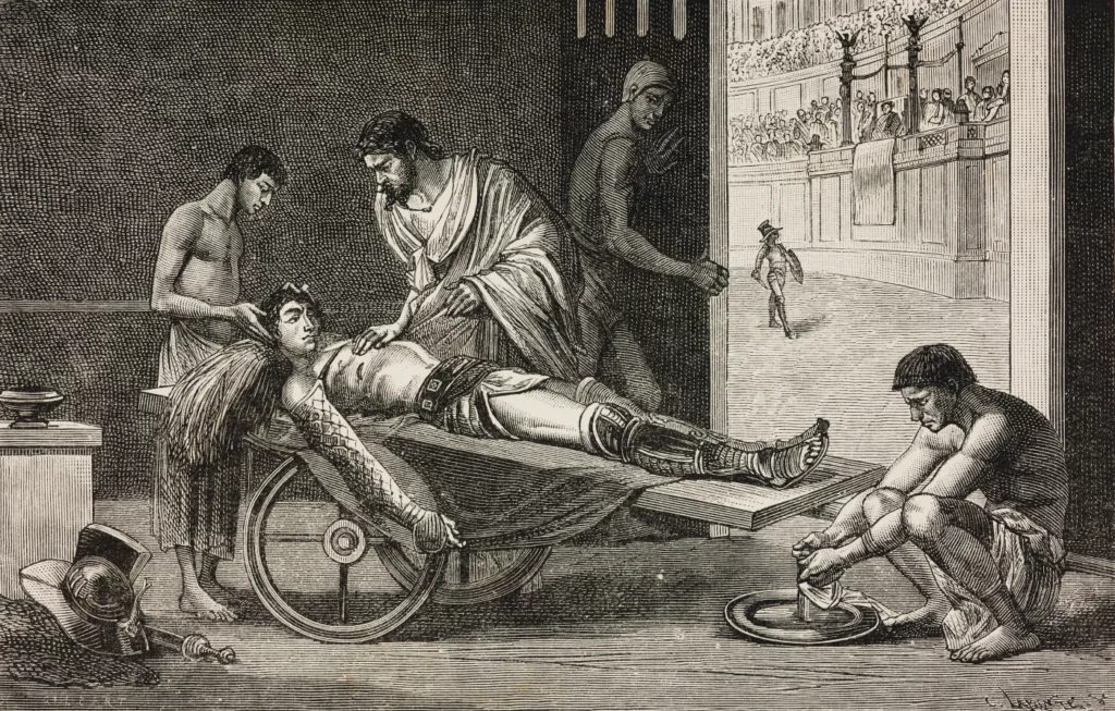 Galen Bergama'daki kolezyumda yaralı bir gladyatörü tedavi ederken, 2. yüzyıl, C Gilbert'in çizimi, Louis Figuier'in (1819-1894) 'Kendini tanı, Gençlere ve eğitimli insanlara fizyoloji kavramları,' 1883.