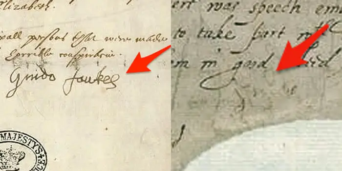 Guy Fawkes'ın iki gün arayla attığı imzalar arasında fark. Sağdaki detaylı itirafını imzaladığı belge.
