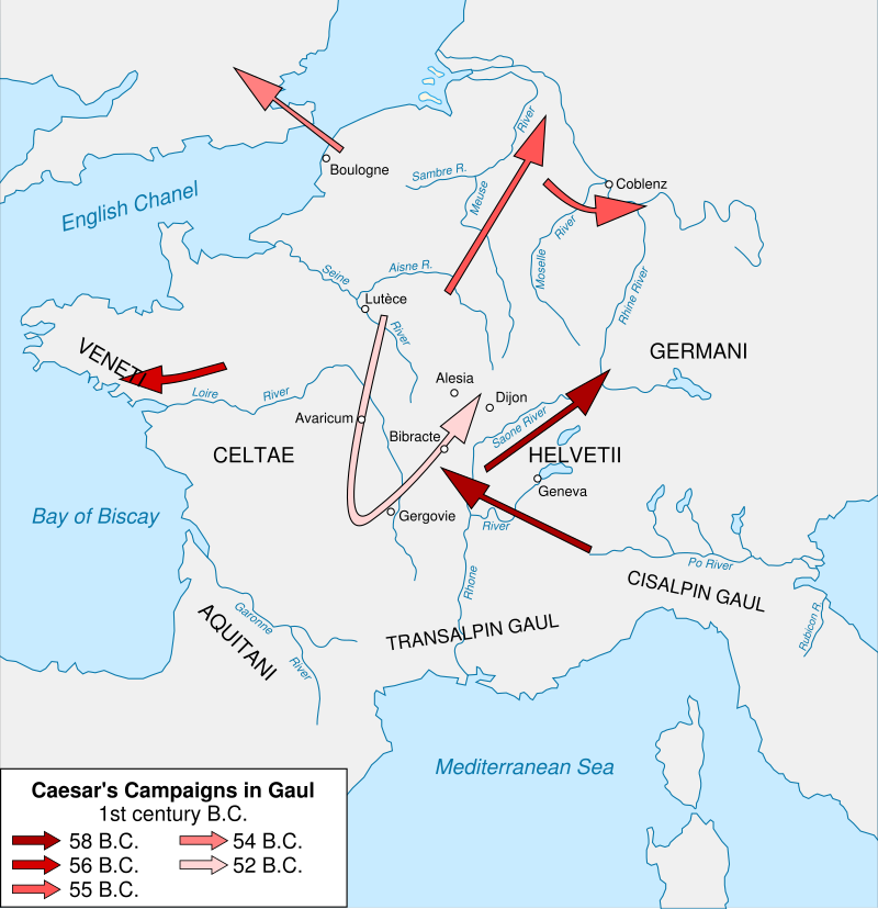 MÖ 58'den 52'ye kadar olan Galya Savaşları haritası