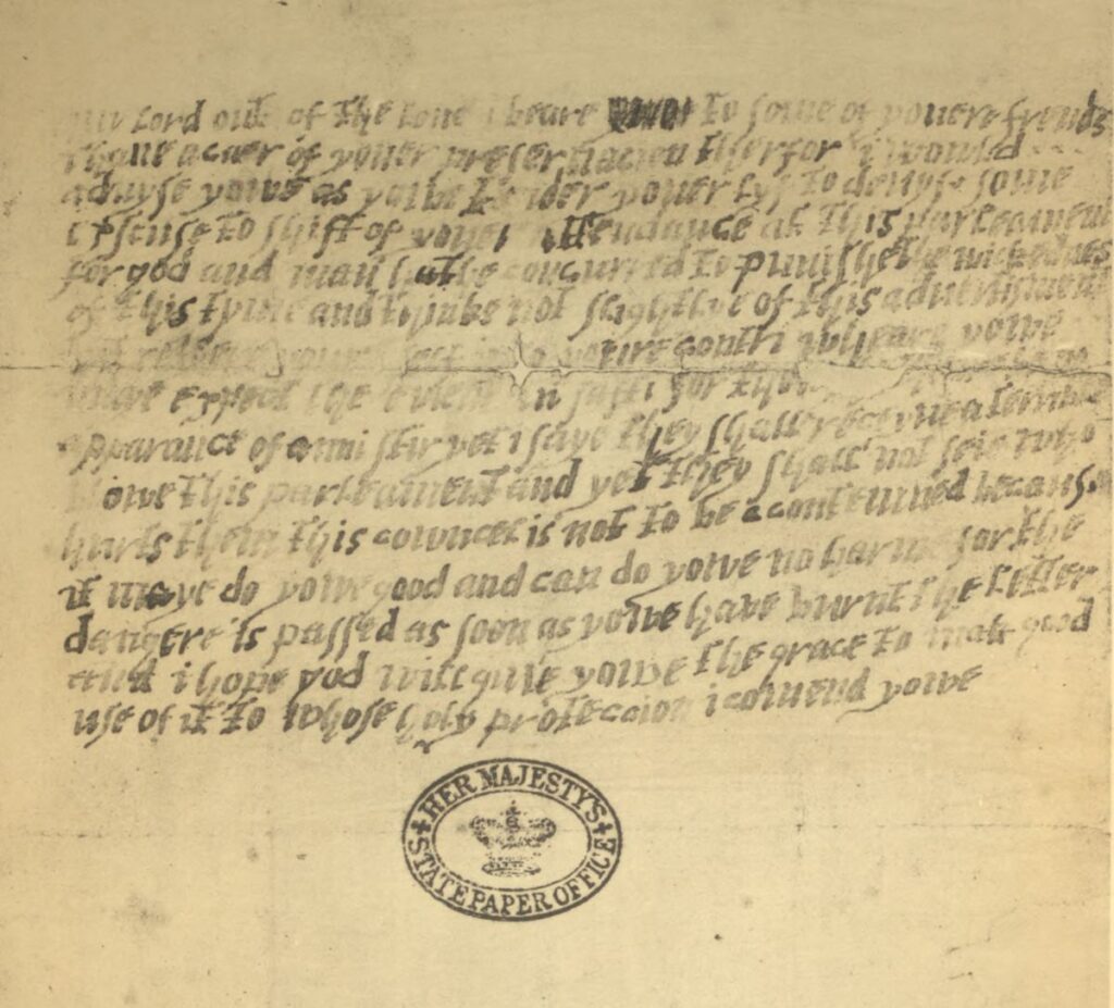 Bu, parlamentodan birkaç gün önce Lord Monteagle'a gönderilen uyarı mektubu. Kaynak: Gutenberg