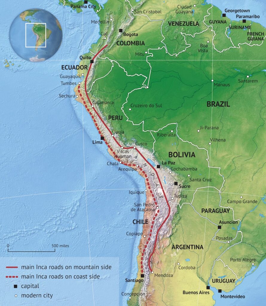 Bu harita Güney Amerika üzerinden İnka Yol Sistemini gösterir. Kaynak: Wikipedia