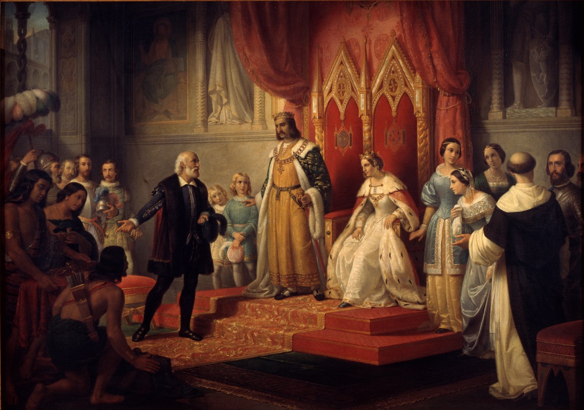 Juan Cordero (1822-1884) tarafından Kolomb'un Isabella ve Ferdinand ile buluşmasını gösteren bir tablo.