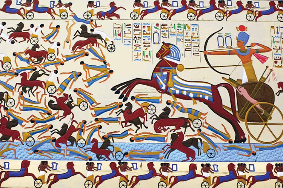Kahire'deki Firavun Köyü'nde, Ramesseum Duvarlarındaki II. Ramses'in Kadeş Muharebesi'ndeki bir anına ait modern yorum