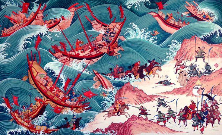 Kubilay Han'ın gemilerini yok eden tayfunun tasviri.