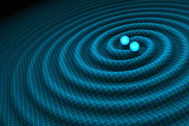 İki kara deliğin birlikte spiral çizerek yerçekimsel dalgalar yaratmasını gösteren bir sanatçı çizimi.
