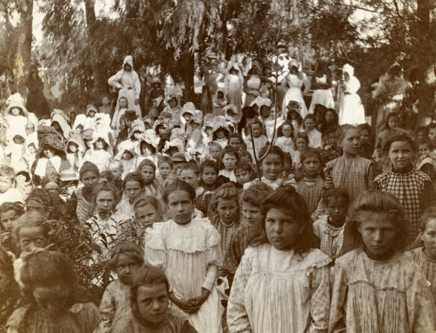 Boer çocuklarından oluşan bir kalabalık, bir toplama kampının içinde fotoğraflanmış. Her dört çocuktan biri hayatta kalmayı başaramayacaktı. Nylstroom Kampı, Güney Afrika. 1901.