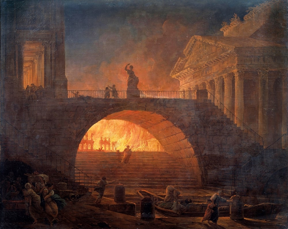Hubert Robert'a ait olan Roma'yı kasıp kavuran yangının 1785 yılında yapılmış bir tablosu