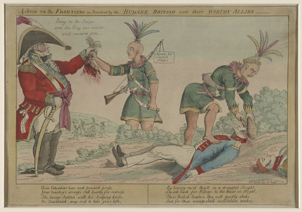 Philadelphia'da yayınlanan 1812 tarihli bu siyasi karikatürde resmedildiği gibi, Amerikalılar İngilizleri ve onların yerli müttefiklerini savaş sırasında "vahşi" olarak nitelendirdikleri suçlar nedeniyle yerden yere vuruyorlardı, halbuki Amerikalılar da bu tür iğrenç eylemlerde bulunuyorlardı. William Charles, 1812. Kongre Kütüphanesi