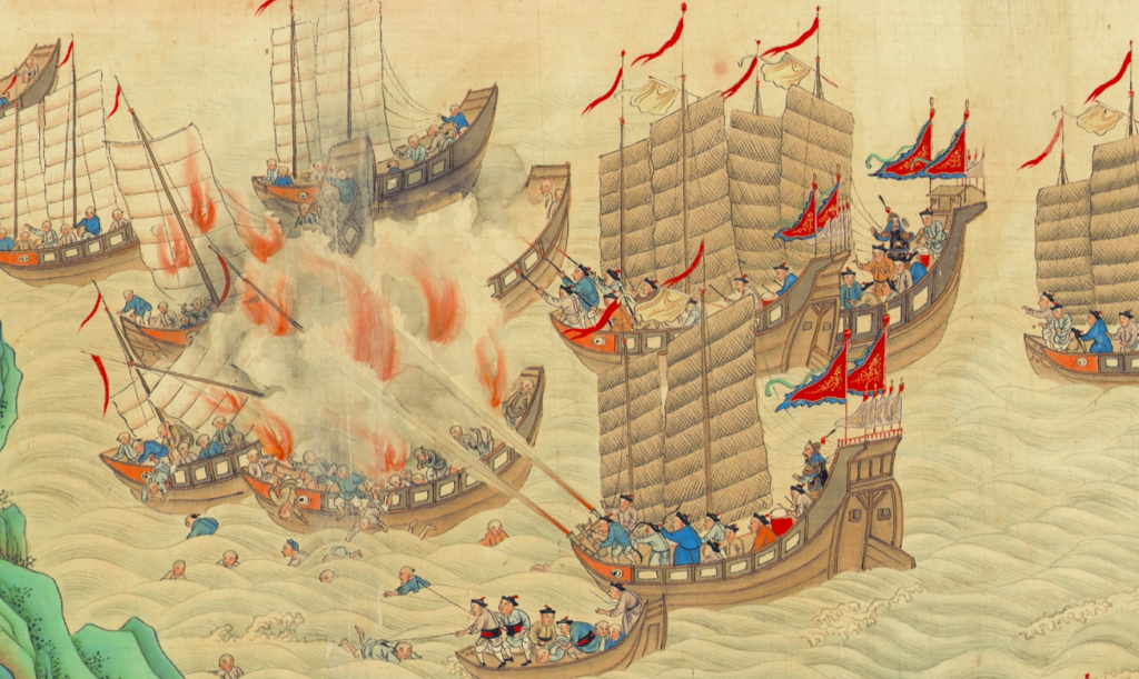 Güney Çin Denizi'nde ticaret gemilerine saldıran korsanları gösteren bir Qing Hanedanlığı (1636-1912) çizimi. Qing Parşömeni'nden. (Denizcilik Müzesi, Hong Kong)
