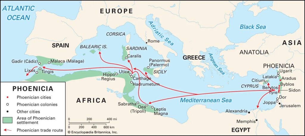 Fenike yerleşimleri ve ticaret yolları, kaynak: Encyclopædia Britannica