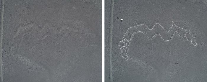 Yeni tanımlanmış bir Nazca çizimi. İnsanları yiyen iki başlı bir yılanın benzetmesi.
