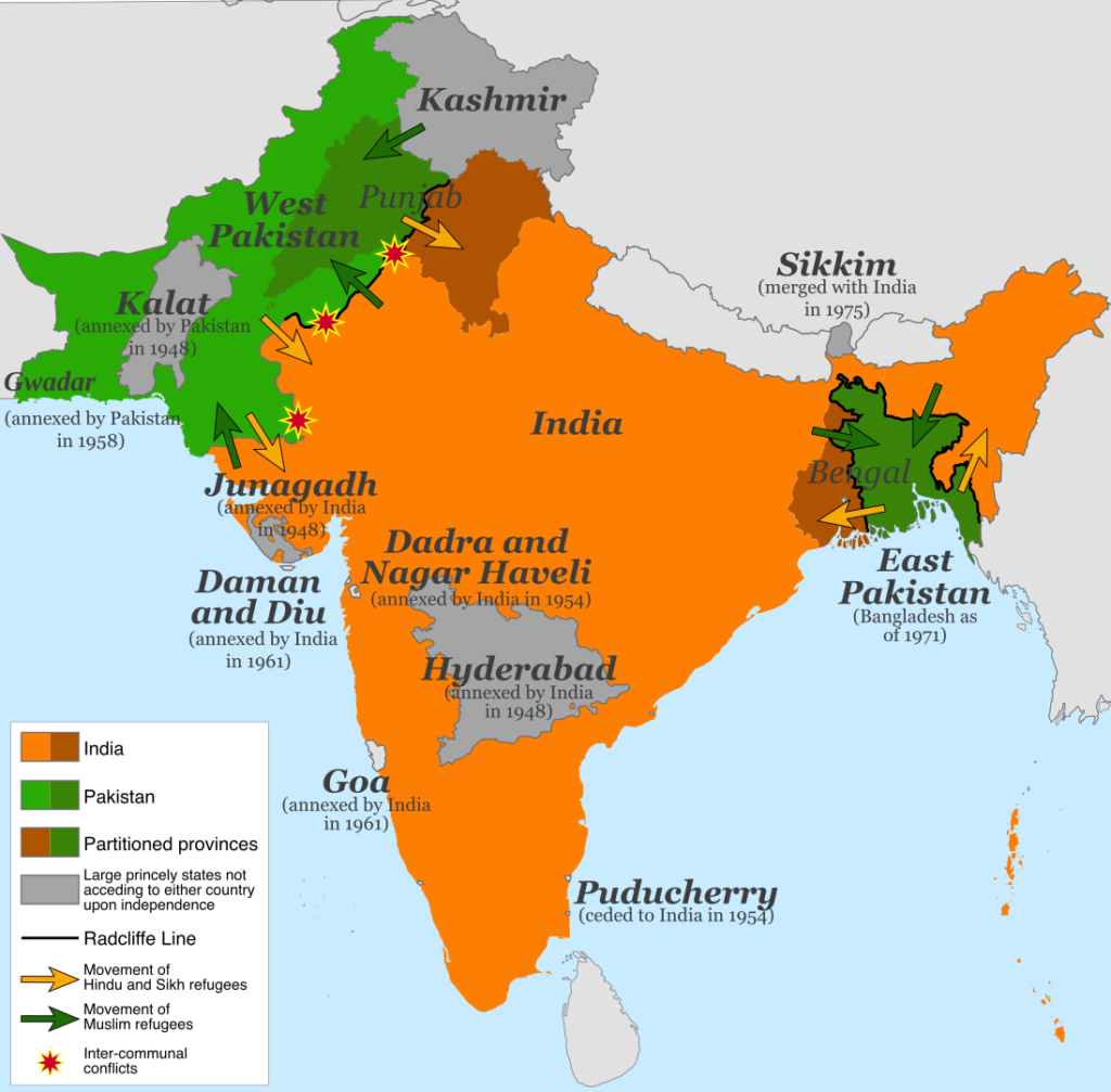 Hindistan'ın bölünmesi: yeşil bölgelerin tamamı 1948'de Pakistan'ın, turuncu bölgeler ise Hindistan'ın bir parçasıydı. 