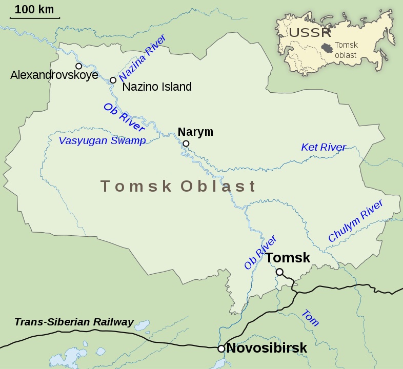 Tomsk Oblastı haritası ve üzerinde Tomsk yerleşimi ile Nazino adası.