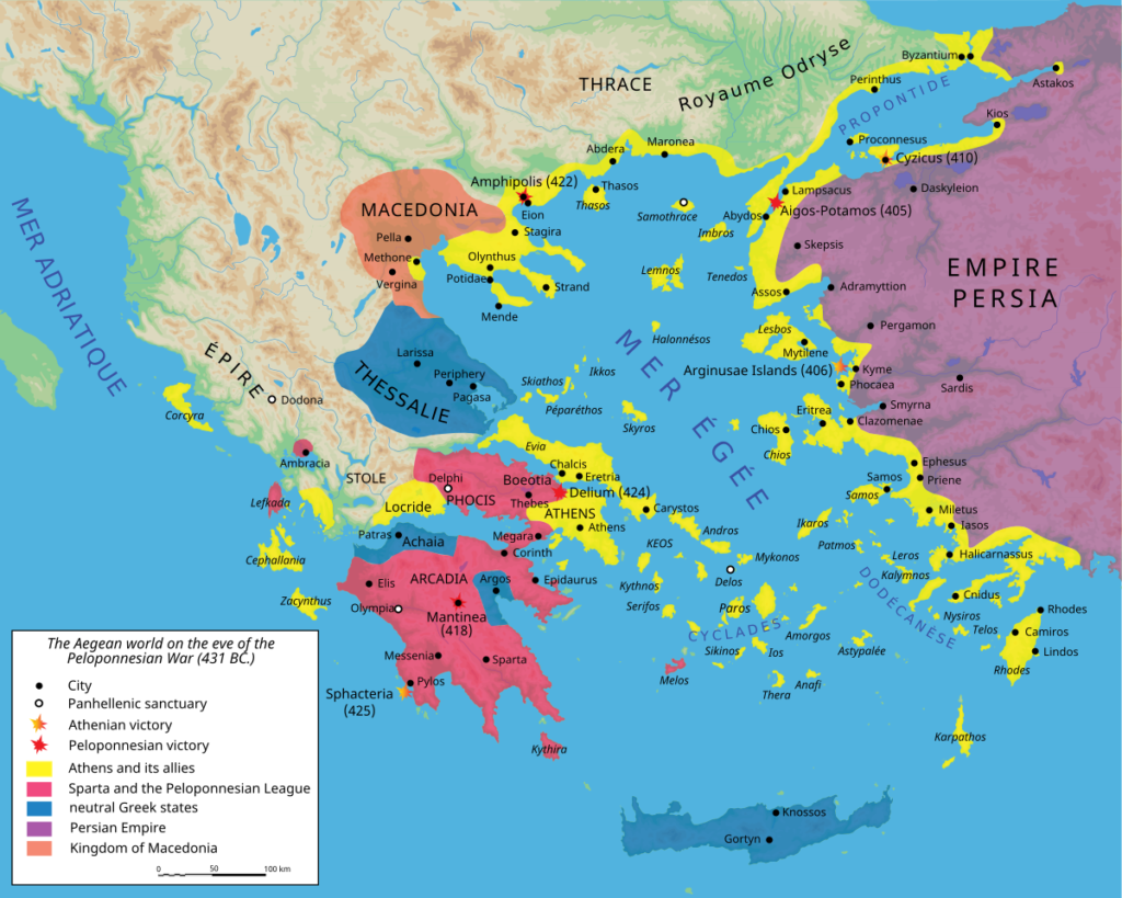 MÖ 431 civarında Peloponez Savaşı'nın başlangıcında Atina ve Delian Birliği (sarı).
