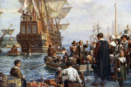 Mayflower'a binen Pilgrim Atalar, Bernard Gribble'ın tablosu.