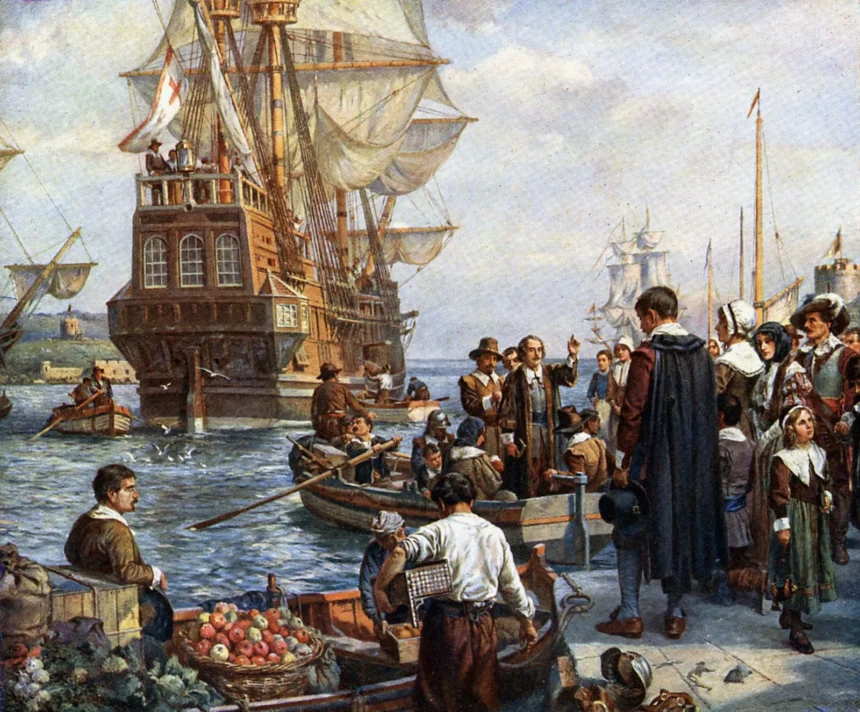 Mayflower'a binen Pilgrim Atalar, Bernard Gribble'ın tablosu.