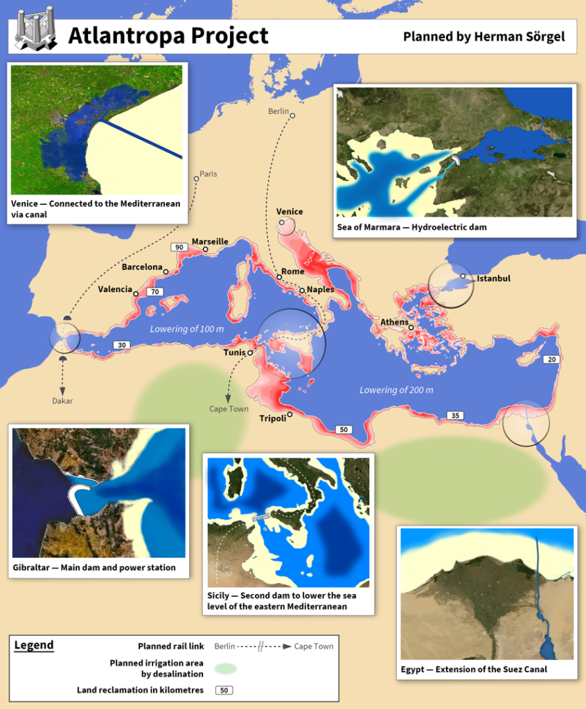 Atlantropa'da bir araya getirilen çeşitli hidroelektrik ve arazi ıslahı projelerinin taslak haritası
