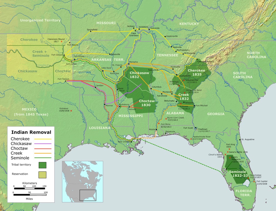 1830-1838 yılları arasındaki Kızılderili Tehciri sürecini gösteren bir harita. Oklahoma açık sarı-yeşil renkte gösterilmiştir.
