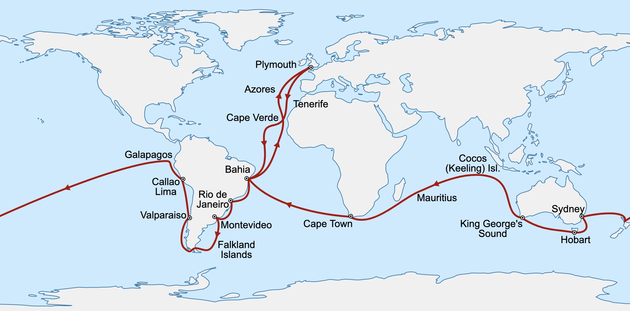 Charles Darwin ile birlikte çıkılan Beagle Yolculuğu'nun haritası.