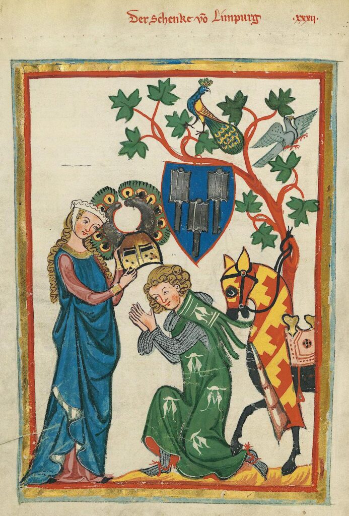 Bir şövalye ve leydisini tasvir eden 14. yüzyıl başlarına ait bir Alman el yazması.