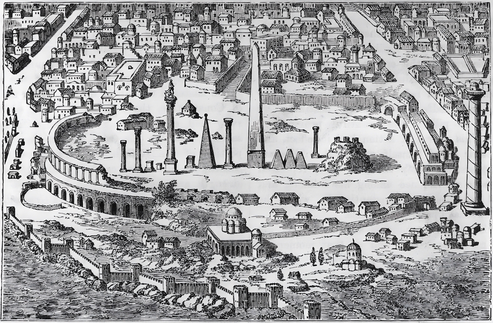 Konstantinopolis'teki Hipodrom, Doğu Roma İmparatorluğu'ndaki en büyük savaş arabası yarış stadyumuydu ve Nika Ayaklanmalarının yaşandığı yerdi. (Hulton Arşivi/)
