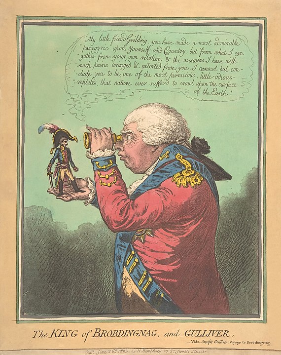 James Gillray'den Brobdingnag Kralı ve Gulliver (1803), ( Napolyon Bonapart ve III. George'u hicvediyor).
