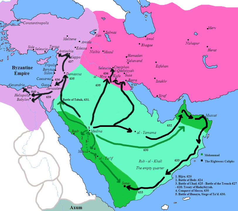 Arapların Sasani İmparatorluğu ve Suriye'yi fethetmesi 620-630. Kaynak: Wikimedia / Javierfv1212