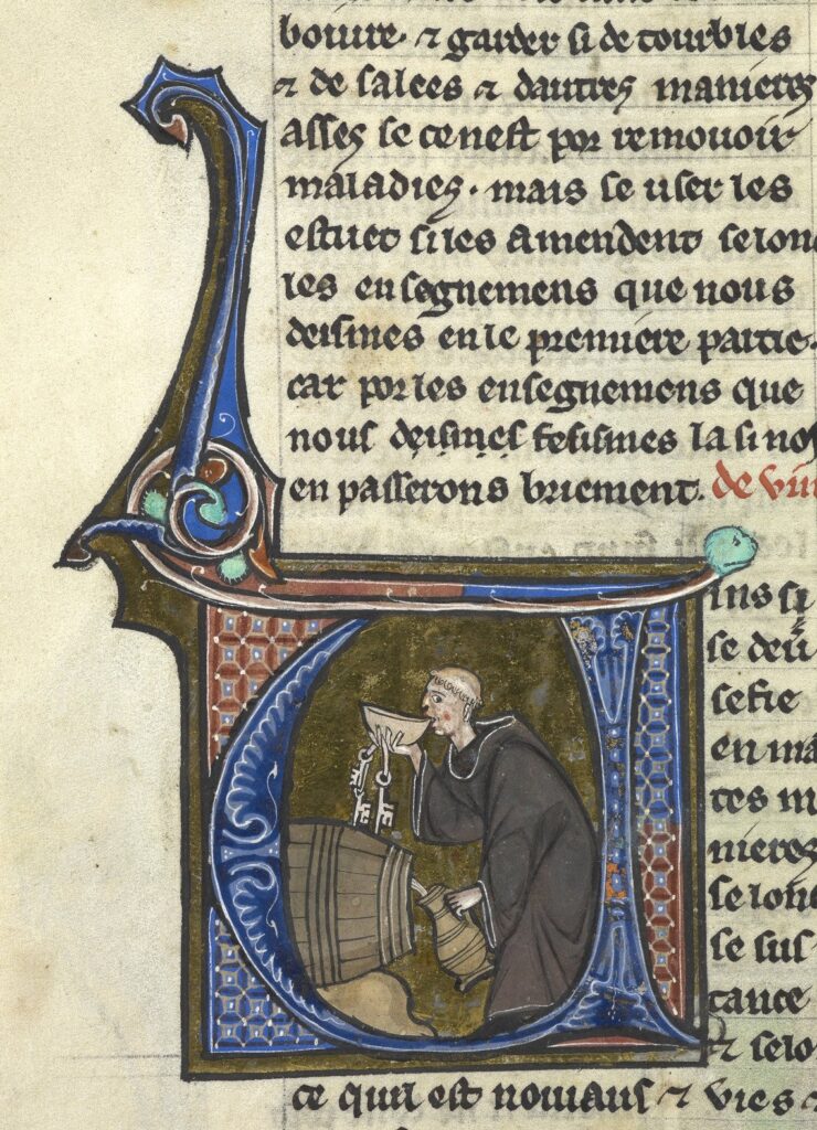 MS 13. yüzyıla ait bir tezhipli el yazması, bir keşişi fıçıdan bir sürahi doldururken resmediyor. Kaynak: Public Domain