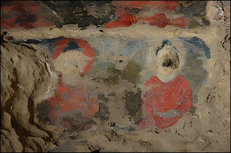 Taliban tarafından 2001 yılında imha edilen iki antik devasa Buda heykelinin arkasındaki bir mağarada bulunan yağlı boya tablodan bir detay.