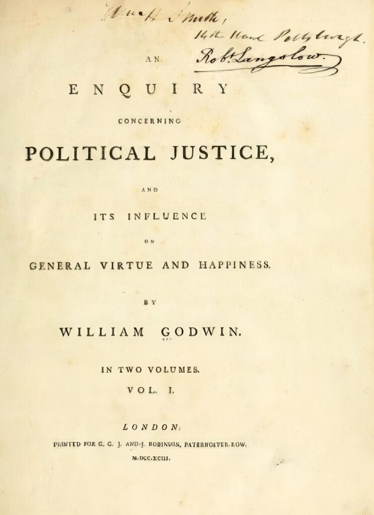 Bu, Goldwin'in Enquiry Concerning Political Justice adlı kitabının 1793 dolaylarındaki kapağıdır.

