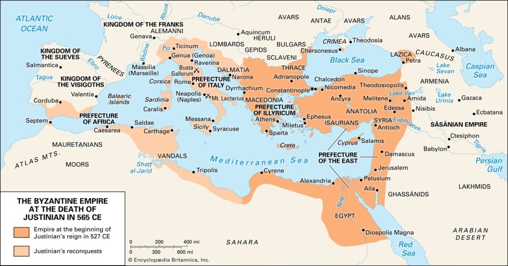MS 565 yılında I. Justinianus'un ölümünde Doğu Roma (Bizans İmparatorluğu) toprakları