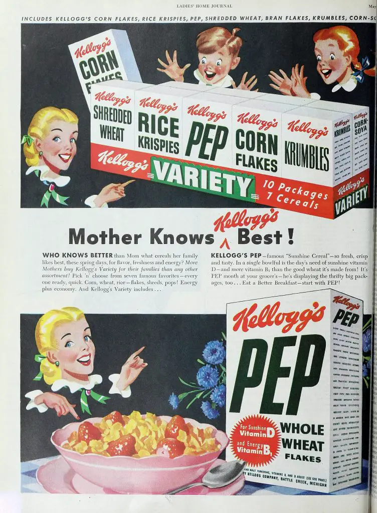 1948'de "Mother Knows Kellog's Best" pazarlama kampanyasında kahvaltılık gevreğin tanıtılması (Kaynak: The Ladie's Home Journal 1880)