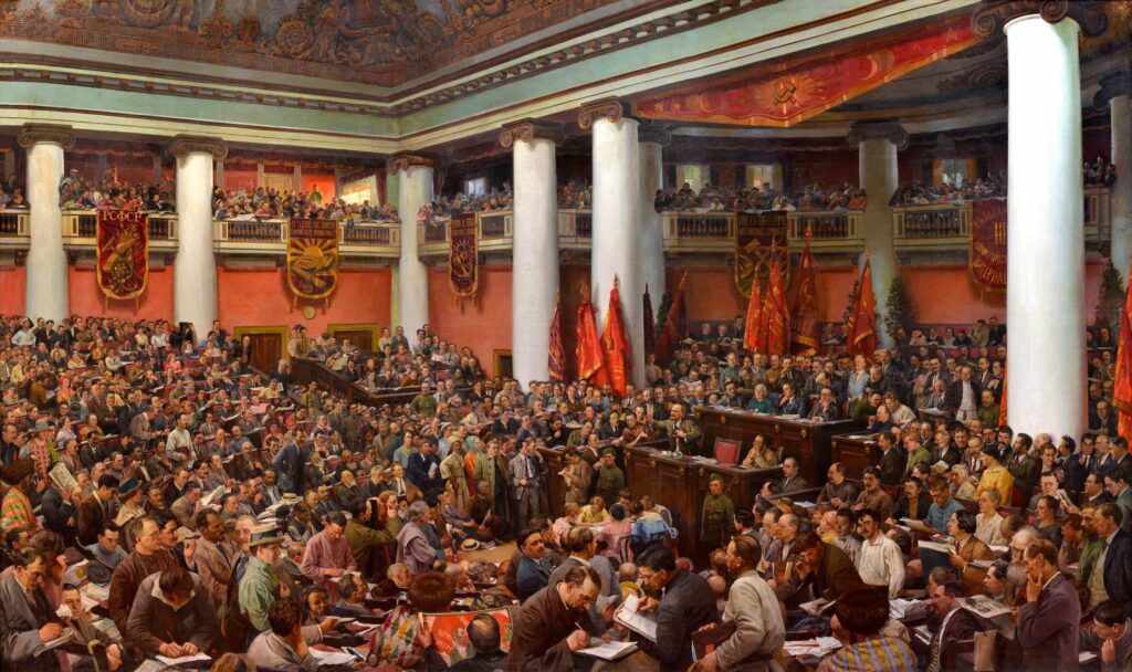 Lenin Uritsky Tiyatrosu'nda bir konuşma yapıyor; Isaak Brodsky'nin 1924 tarihli tablosu.