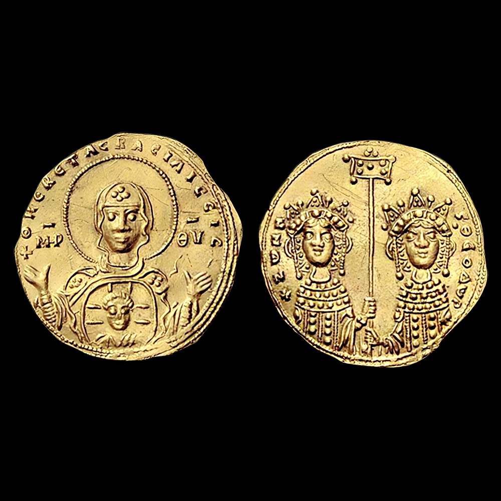 İki imparatoriçeyi gösteren altın sikke - kız kardeşler Zoi ve II. Theodora, MS 1042,