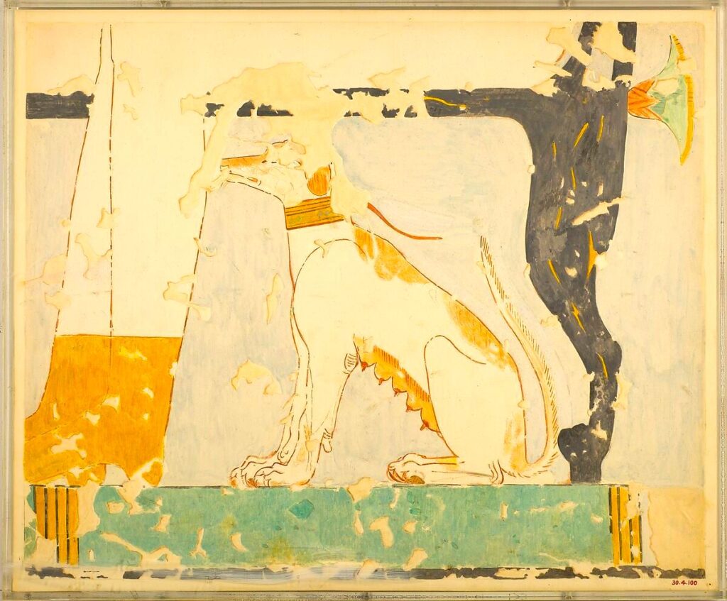 Nebamun'un mezarındaki bir resmin tıpkıbasımı: Sahibinin sandalyesinin altında oturan köpek. 