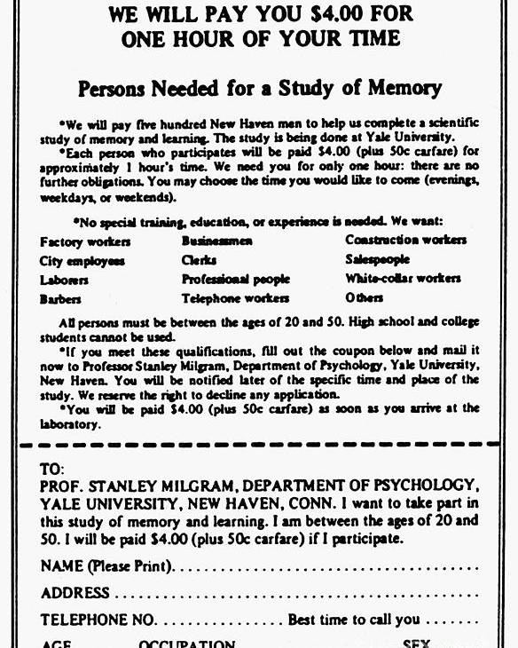 Milgram Deneyi için Reklam.