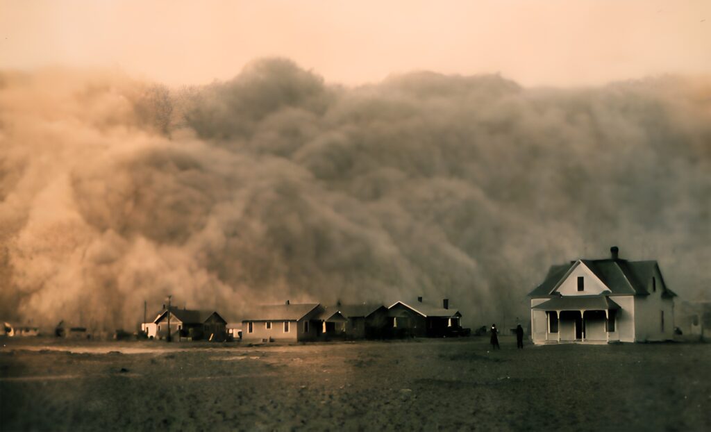 1935'te bir toz fırtınası Stratford, Teksas'a yaklaşıyor.
