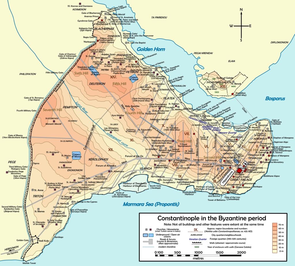 Bizans döneminde Konstantinopolis'in topografik haritası.
