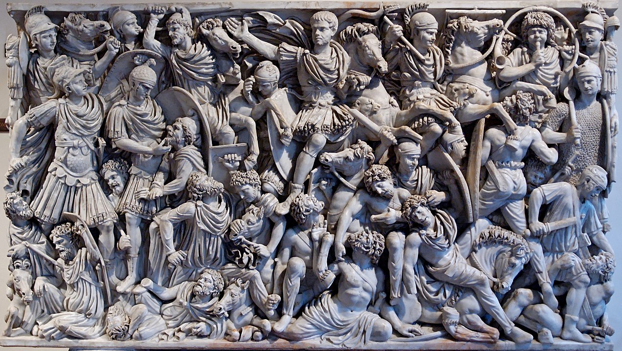Ludovisi Barbarlarla savaşan Romalıları gösteren savaş lahdi, MS 3. yüzyıl ortaları, Museo Nazionale, Roma