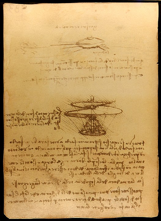 Institut de France tarafından tutulan Paris Elyazması B, folio 83v'nin Leonardo'nun hava helezonunu tasvir eden sayfası