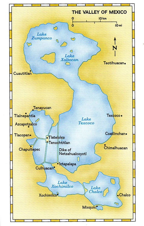 Texcoco Gölü ve çevresinin haritası. Nezahualcoyotl setine dikkat edin