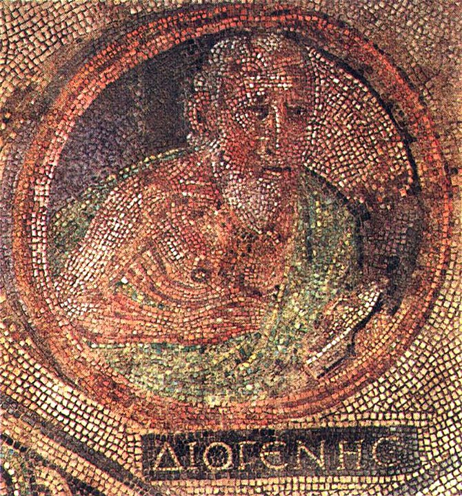 Diogenes fıçısında. Köln'de bulunan ve bugün Roma-Germen Müzesi'nde yer alan 2. yüzyıla ait bir mozaikten detay.
