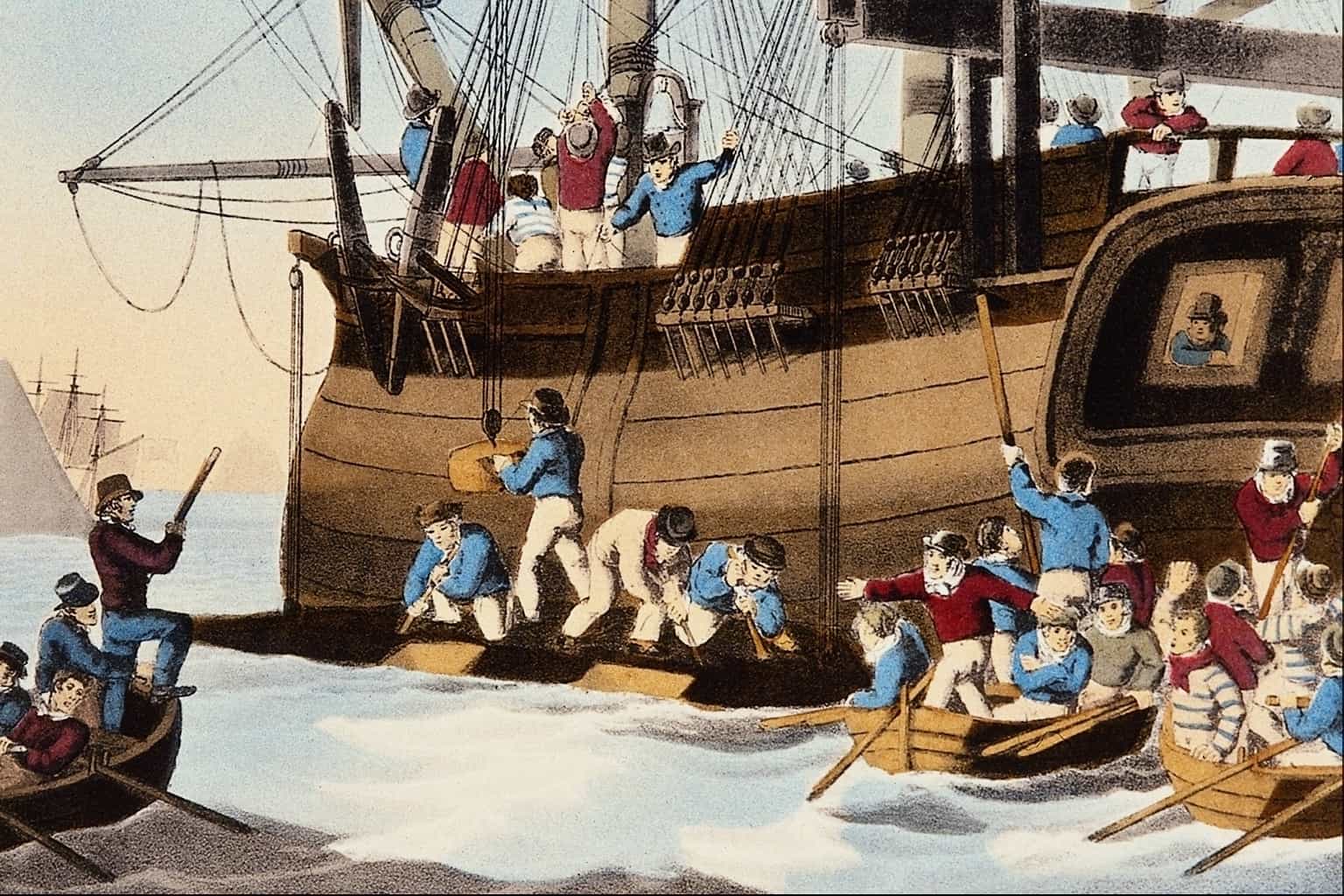 İskoç John Heaviside Clark'a ait Bir Balina Geminin Yanına Getirildi, 1814. Flensing çalışması devam ediyor.