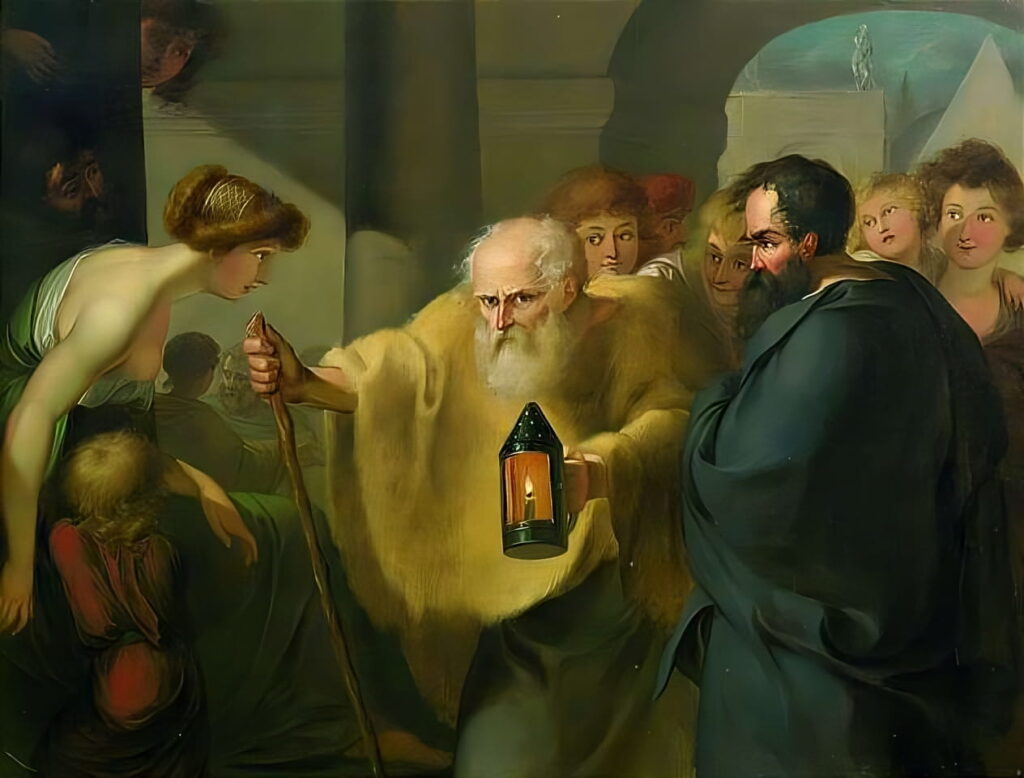 Diyojen feneriyle dürüst bir adam arıyor. Diogenes Searching for an Honest Man, attributed to J. H. W. Tischbein (c. 1780)
