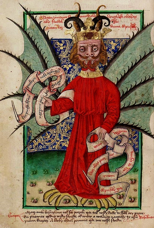 Endüljans dağıtan şeytan, bir Çek elyazmasından tezhip, 1490'lar; Jan Hus (Bohemya Reformu'nun başlıca lideri) 1412'de endüljans satışını kınamıştı.