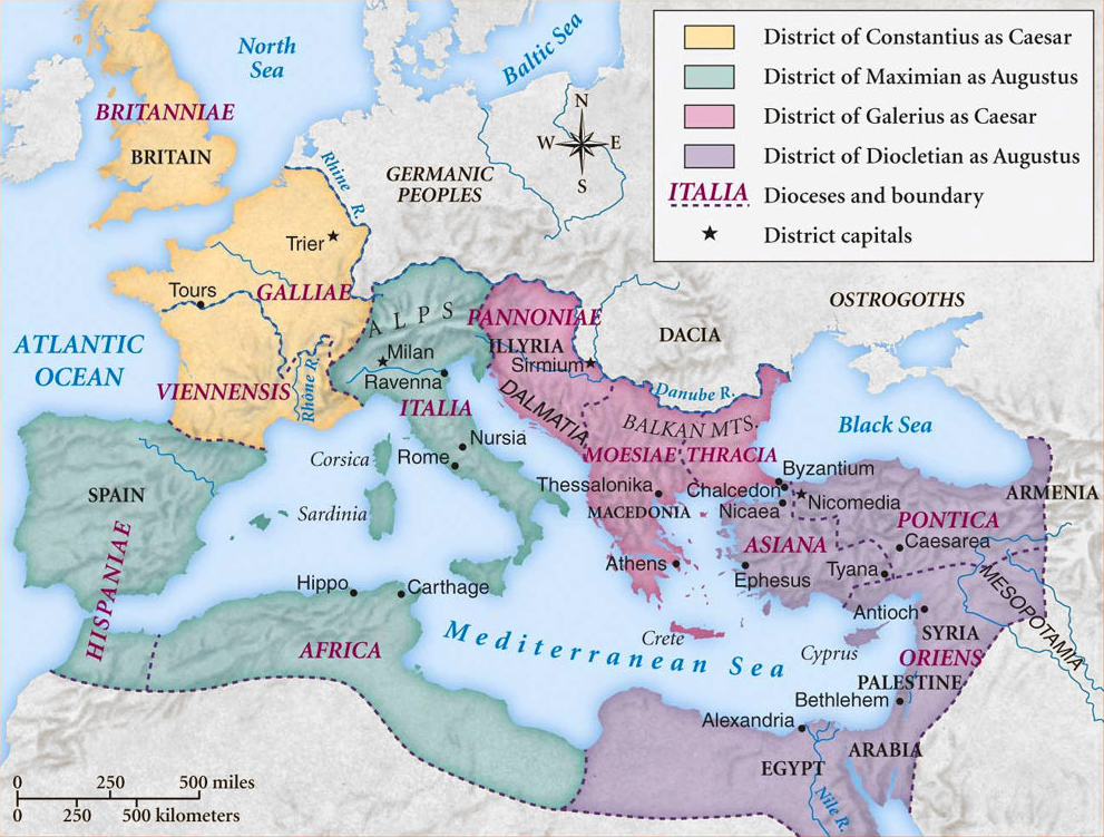 Tetrarşi dönemindeki Roma İmparatorluğu haritası.