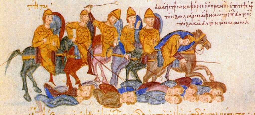 Madrid Skylitzes'ten Belasitsa (Kleidion) Muharebesi'nde Bulgarlara karşı kazanılan Bizans zaferi.