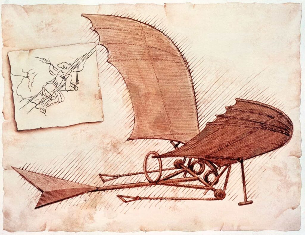Leonardo da Vinci'nin kanat çırparak havada duran bir uçan makine olan ornithopter planları, 1490 civarı.
